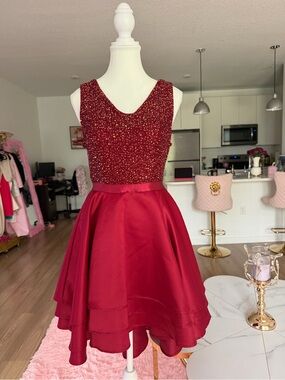 Red Satin & Beaded Fit-and-Flare Party Dress